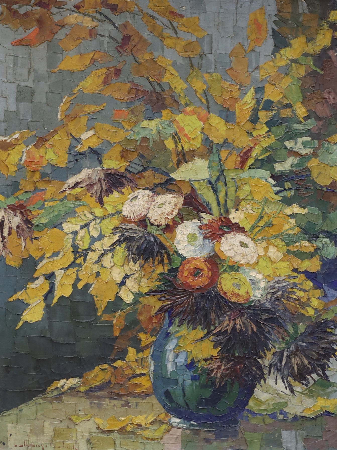 Hungarian School (c.1930), impasto oil on canvas, Still life of a vase of flowers, indistinctly signed, 77 x 59cm